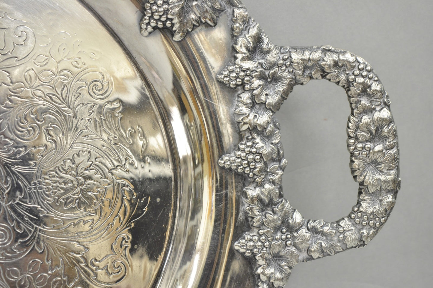 Antique English Victorian Silver Plated Grapevine Oval Bar Tray w/ Monogram