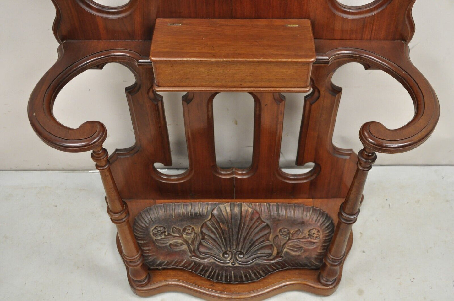 Antique Eastlake Victorian Walnut Coat Hall Tree Umbrella Stand with Mirror