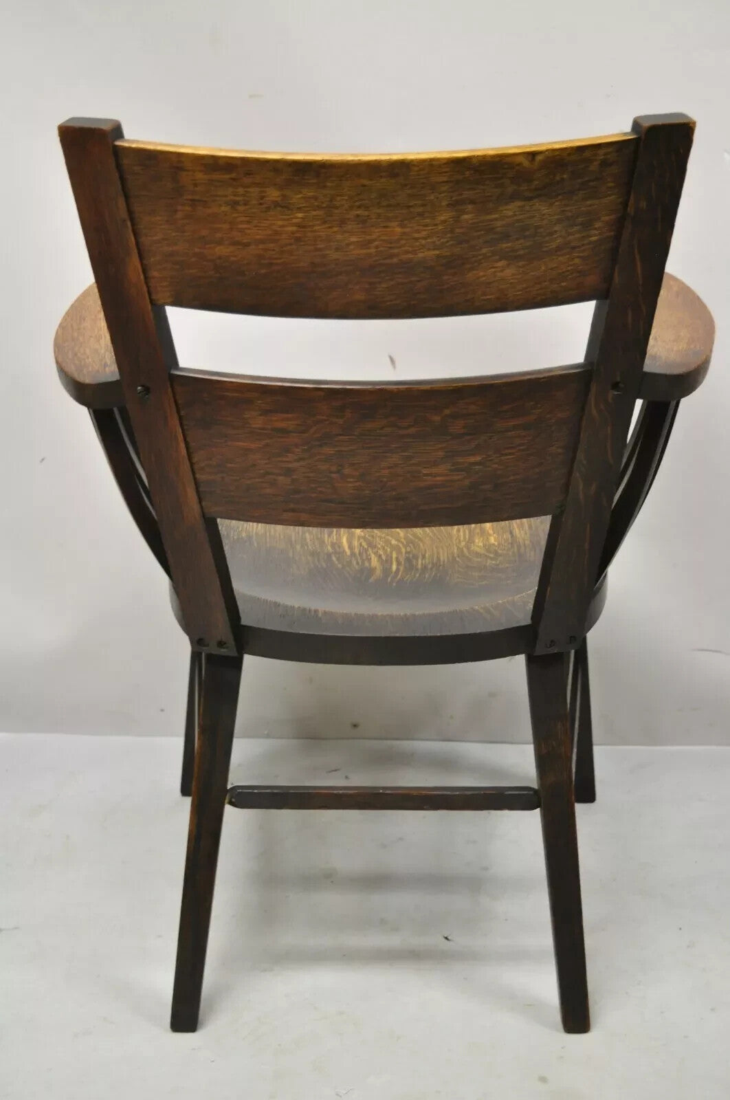 Antique Arts & Crafts Mission Oak Bowed Spindle Plank Seat School Arm Chair