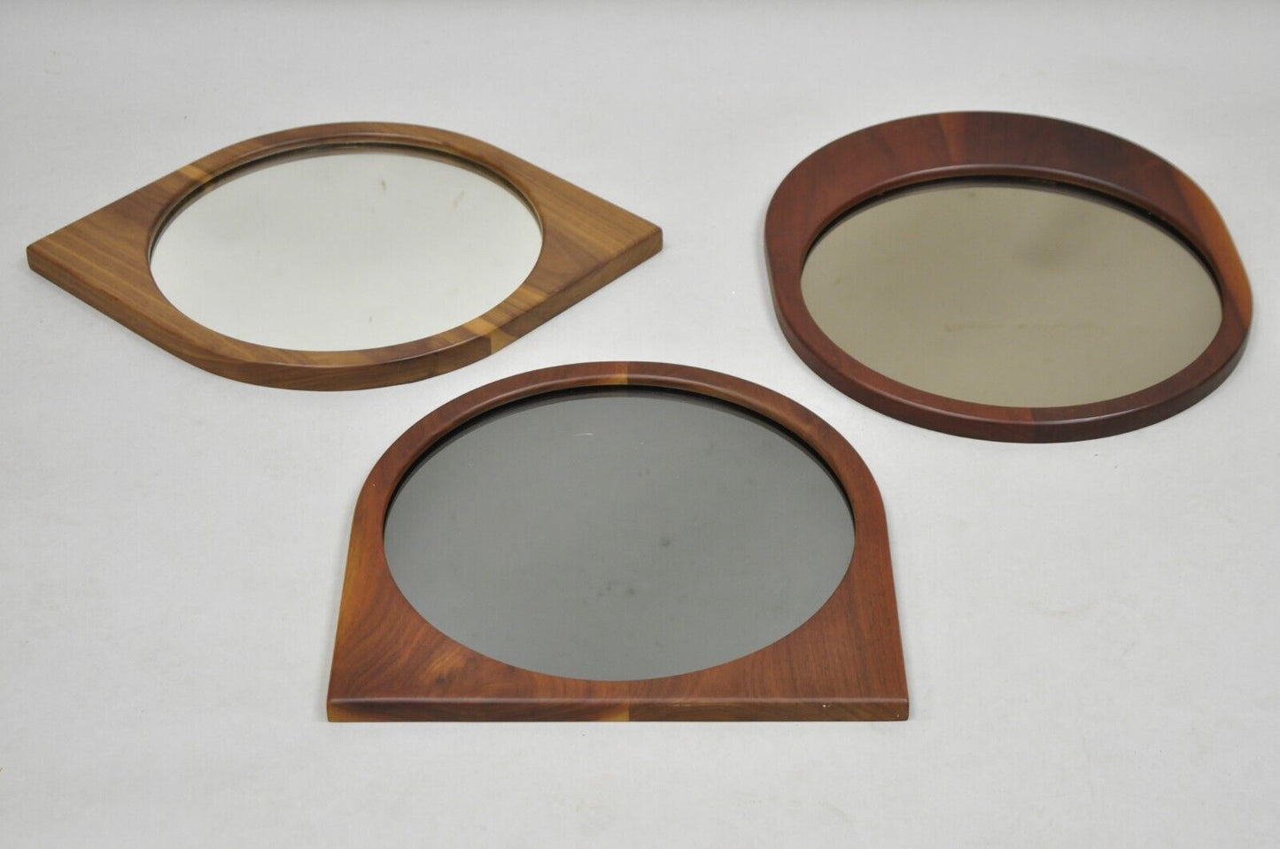 Mid Century Danish Modern Sculpted Teak Wood Mirrors - 3 pc Set