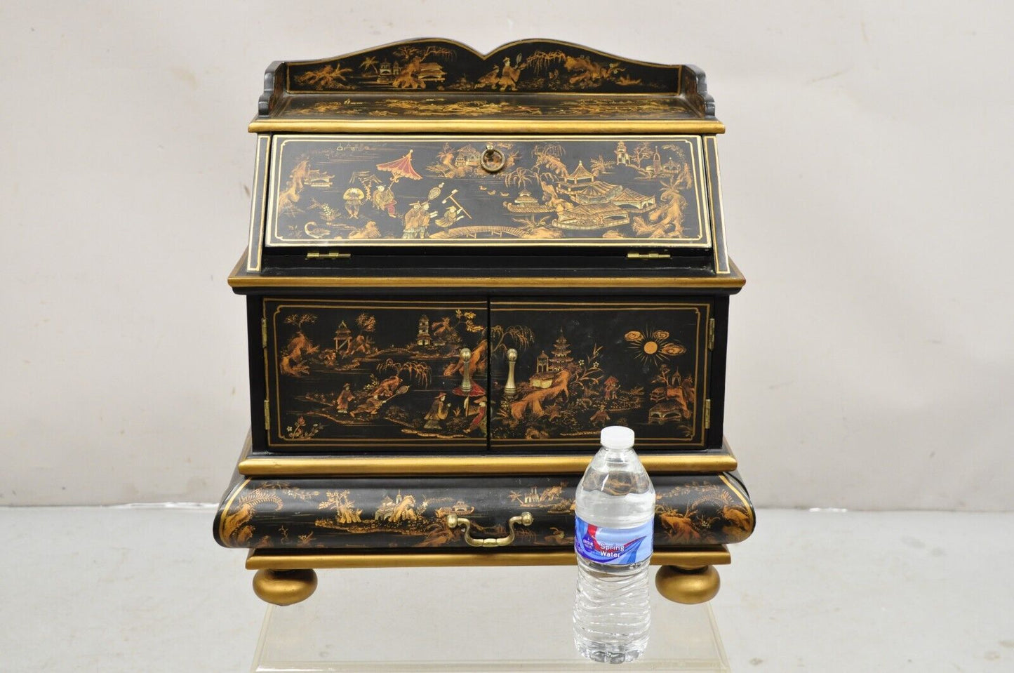 Decorative Chinoiserie Bombe Style Black Lacquer Oriental Jewelry Box