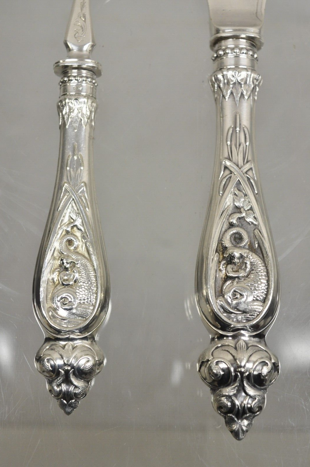 Antique English Victorian Silver Plated Figural Fish Service Fork Knife Set