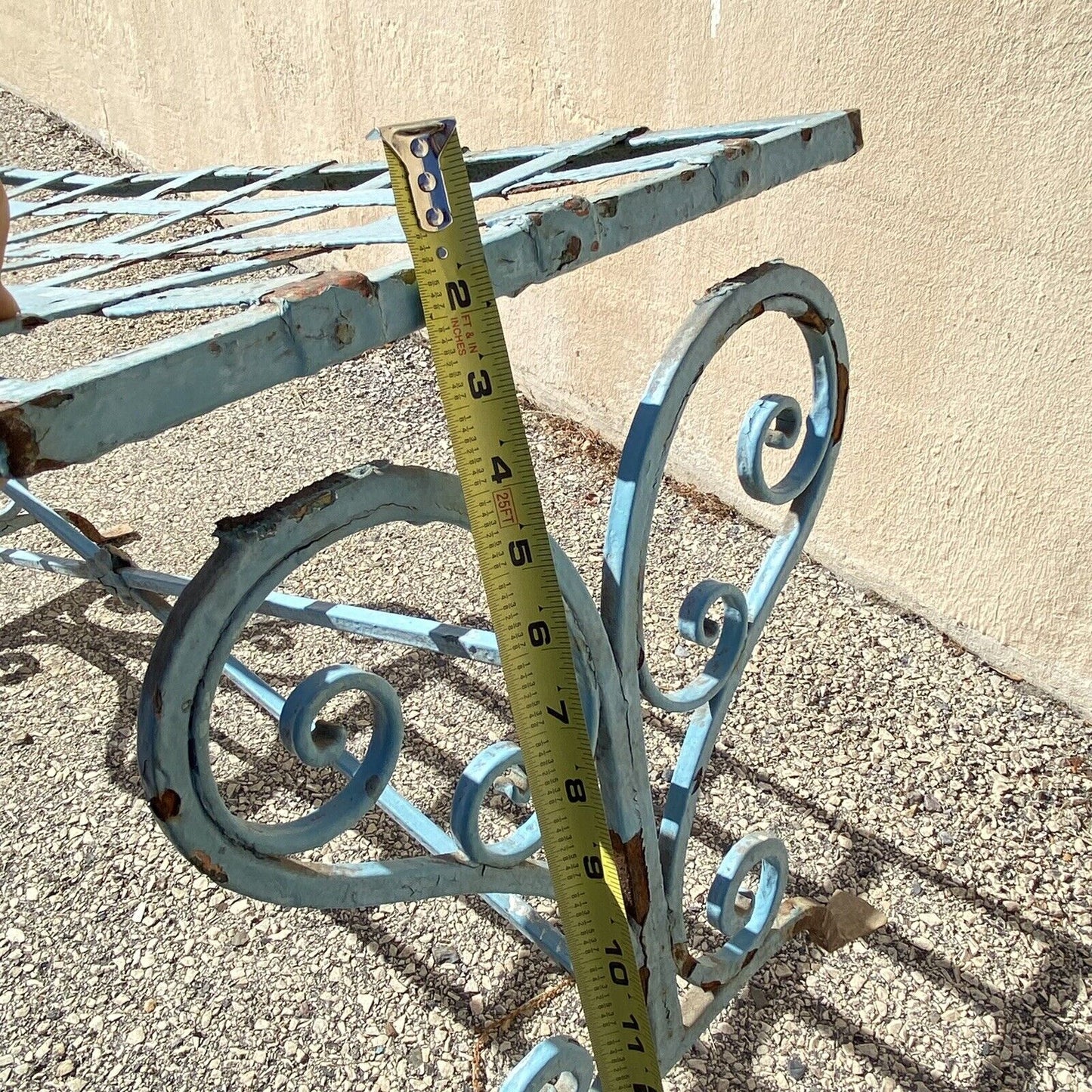 Antique French Art Nouveau Scrolling Wrought Iron Metal Strap Garden Patio Bench