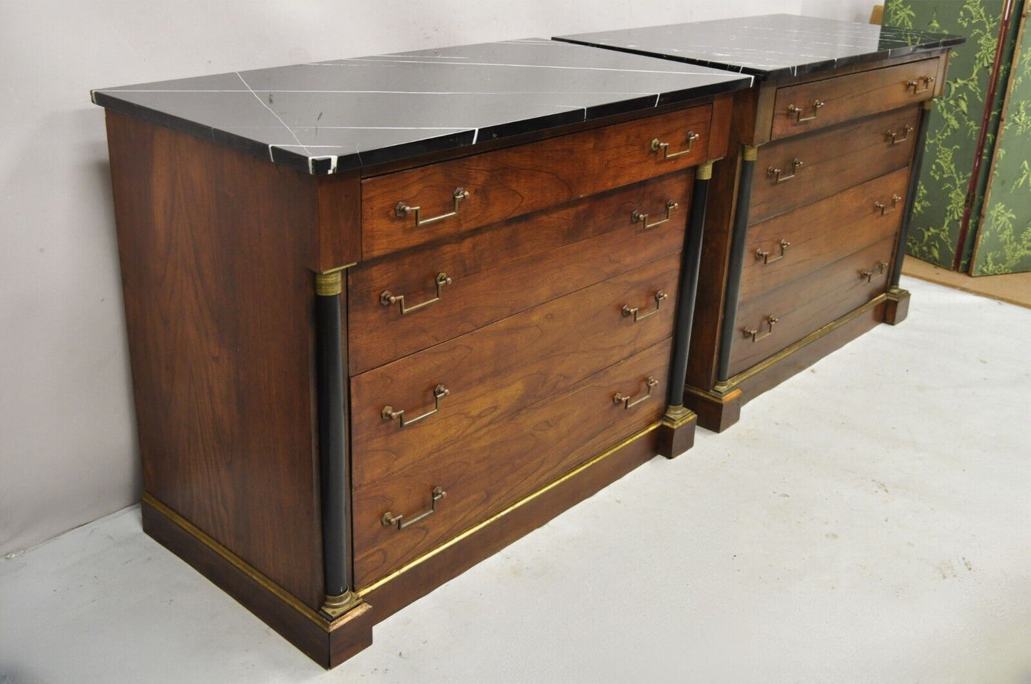 French Empire Neoclassical Style Marble Top Cherry Wood Commode Chest - a Pair