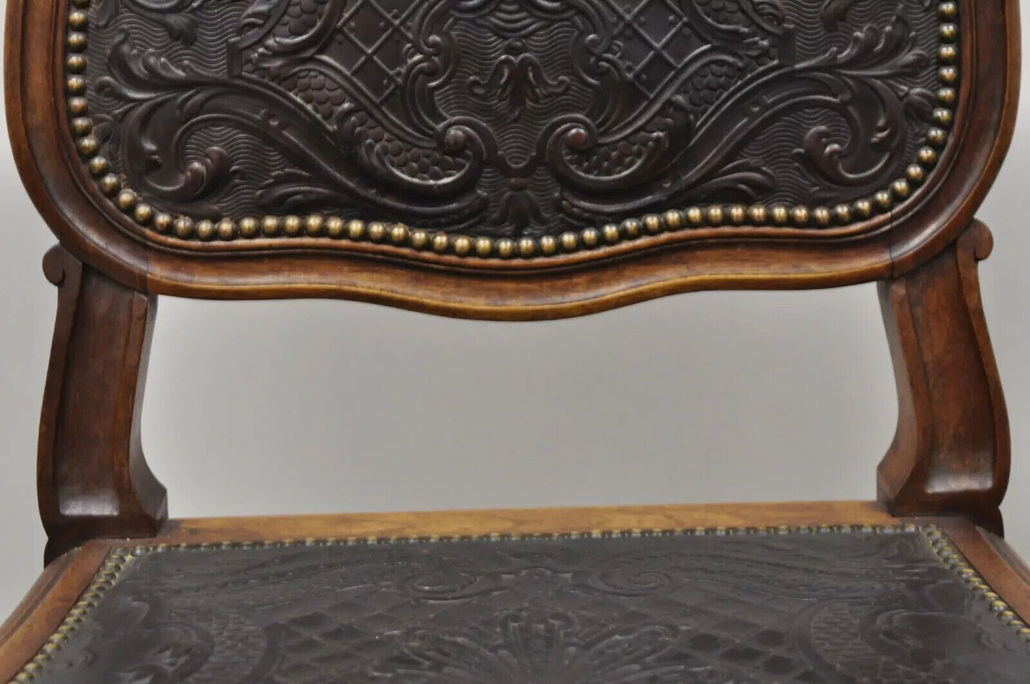 Antique French Louis XV Style Brown Embossed Leather Walnut Side Chair (C)