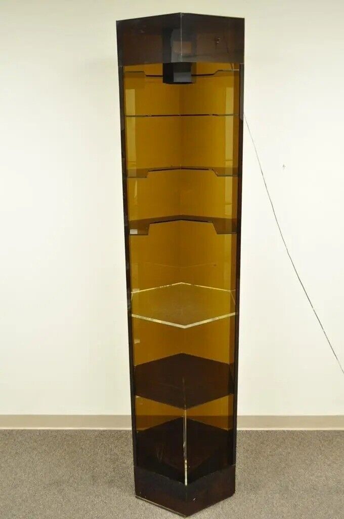 Vintage Mid Century Modern Lucite Lighted Revolving Tall Narrow Retail Display
