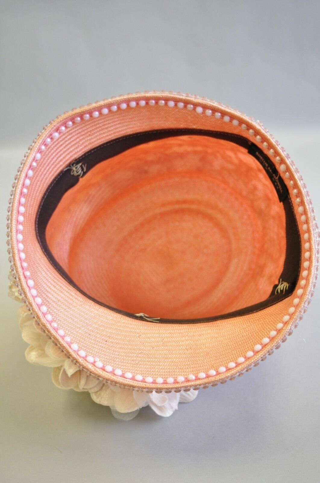 Shellie McDowell Pink Lace Iridescent Pearl Rhinestones Church Derby Crown Hat
