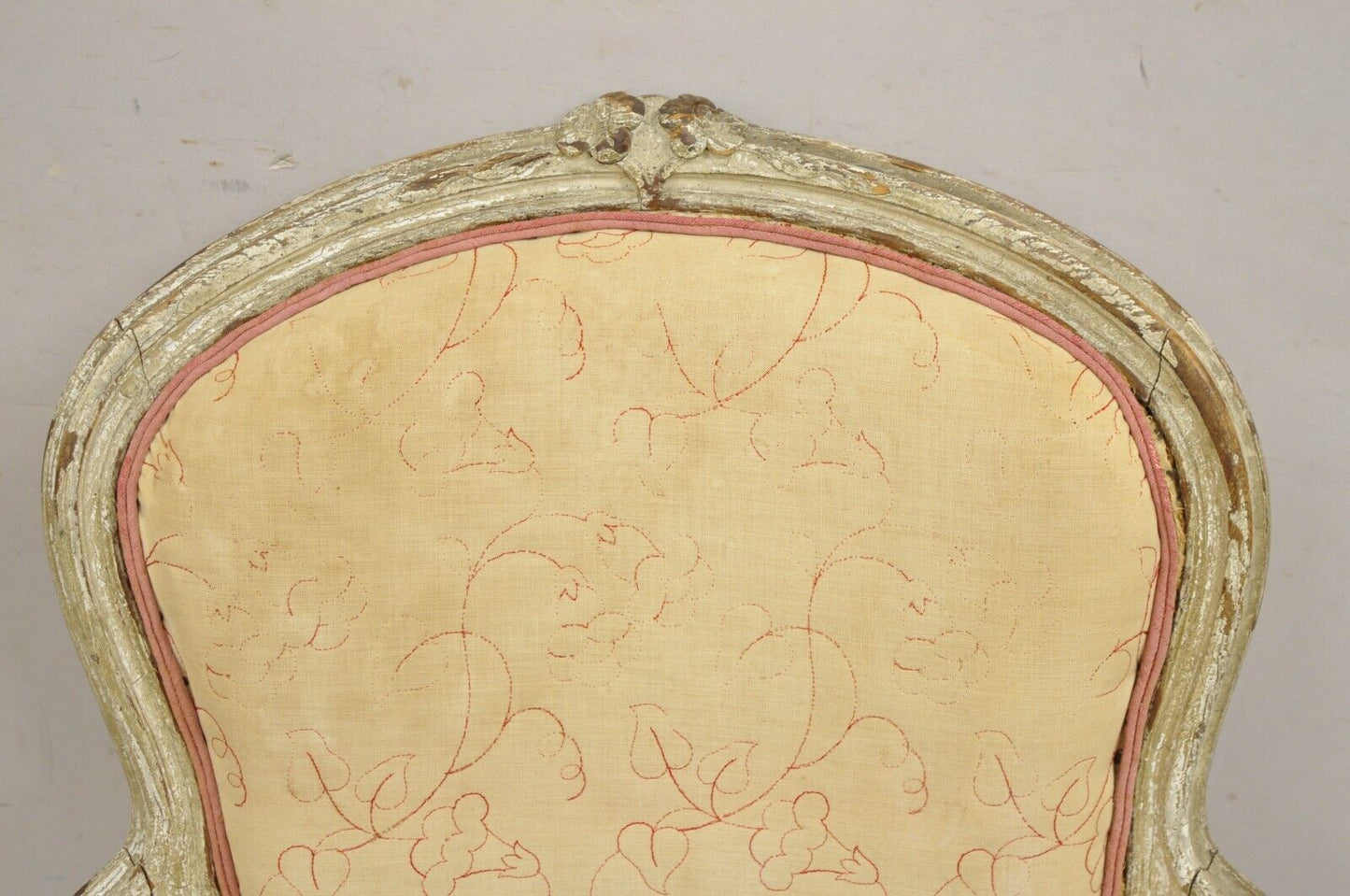 Antique French Louis XV Style Gustavian Cream Distress Painted Arm Chair