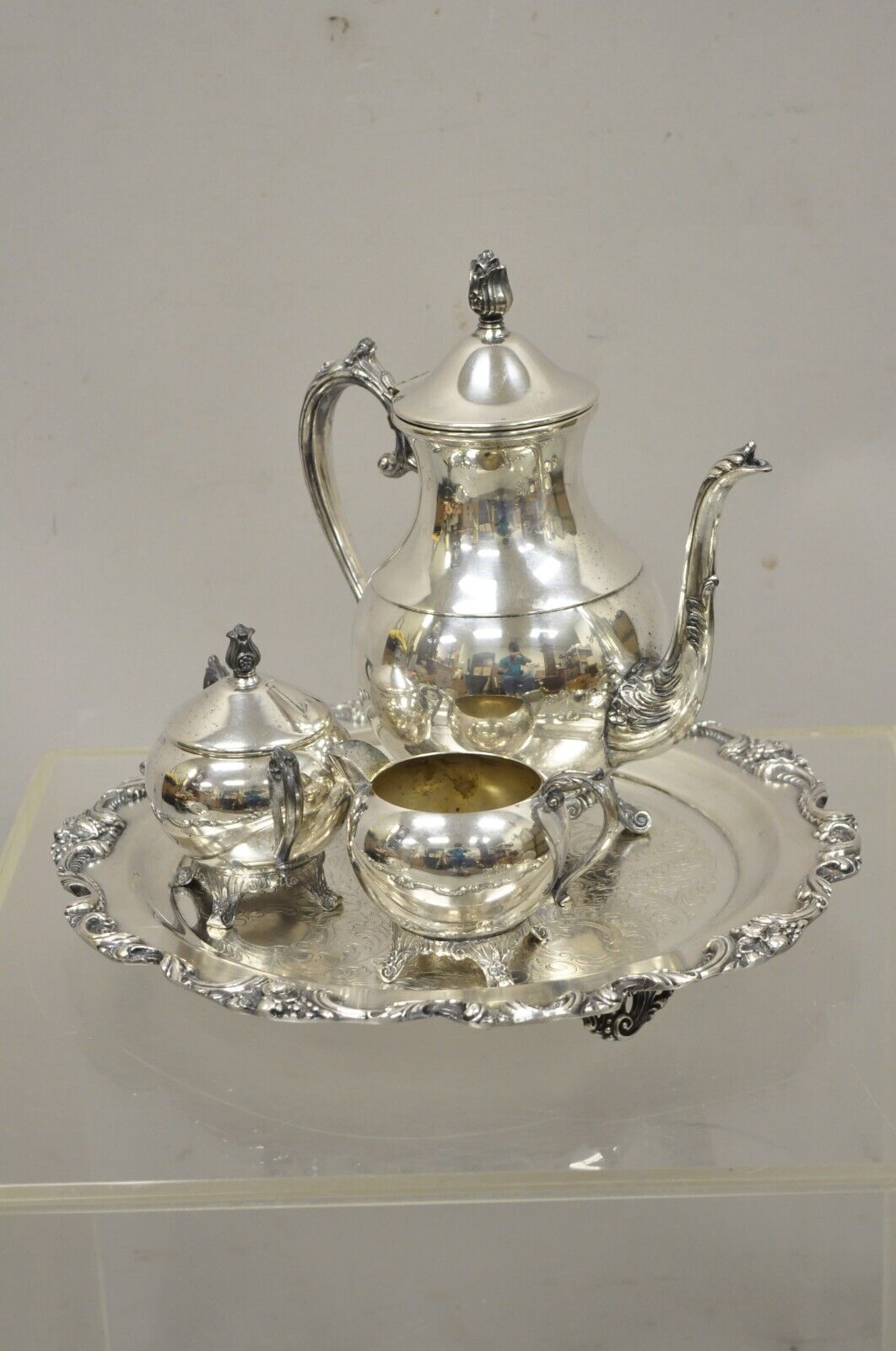 Vintage Silver Plate FB Rogers Tea Set Amston Round Serving Tray Platter