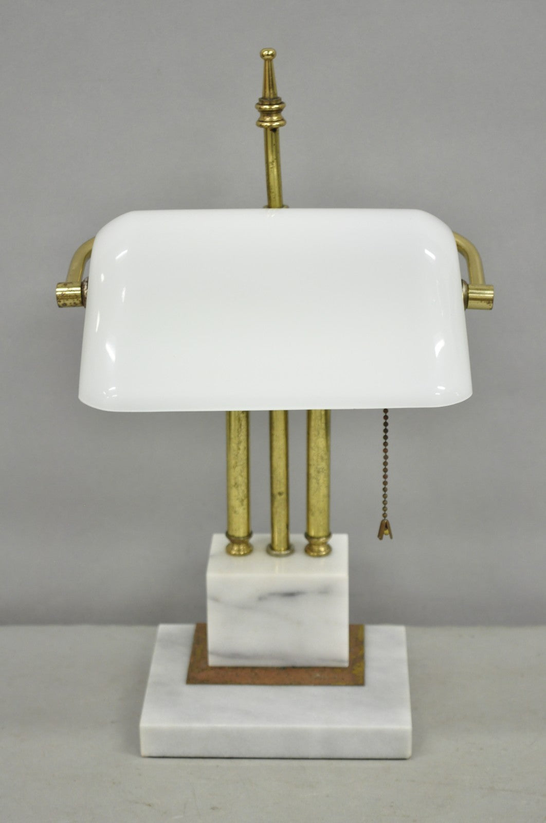 Vintage Mid Century Modern Art Deco Marble & Brass Bankers Desk Lamp w/ Shade