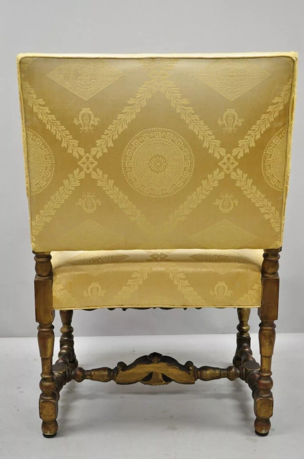 Antique Italian Renaissance Carved Walnut Jacobean Gold Upholstered Arm Chair