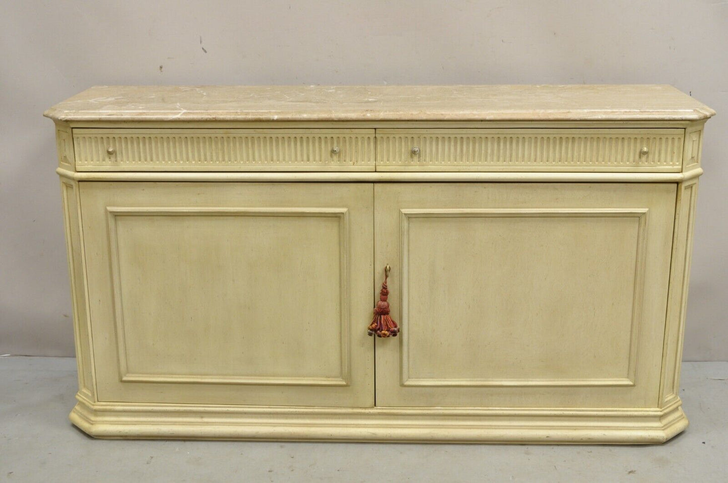 French Provincial Style Marble Top Cream Painted Sideboard Buffet Media Cabinet