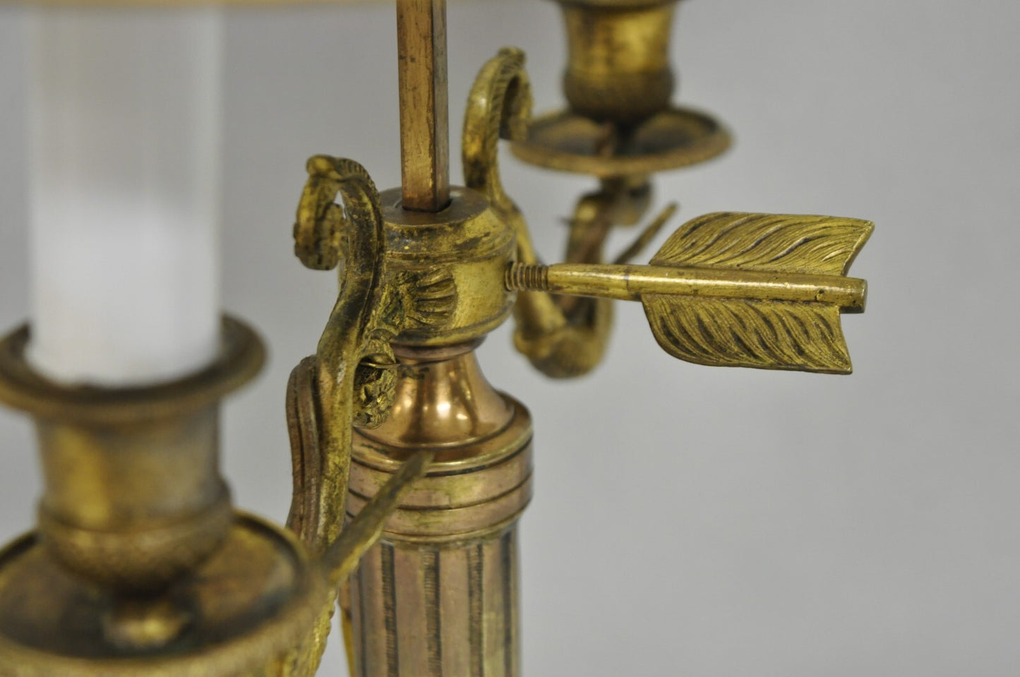 Antique French Empire Bronze Swans Green Tole Metal Shade Bouillotte Table Lamp