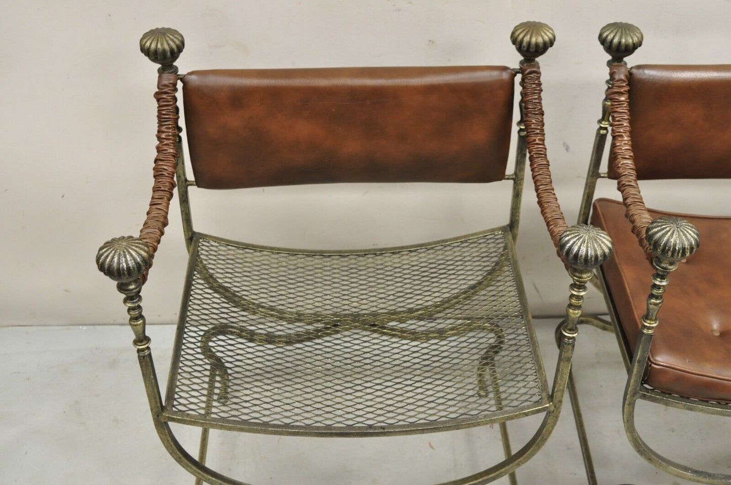 Vintage Renaissance Style Iron Savonarola Curule Campaign Arm Chairs - a Pair
