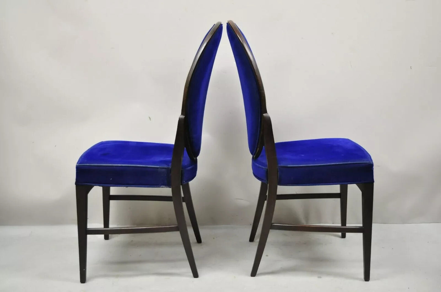 French Art Deco Oval Upholstered Back Mahogany Frame Blue Dining Chairs - a Pair