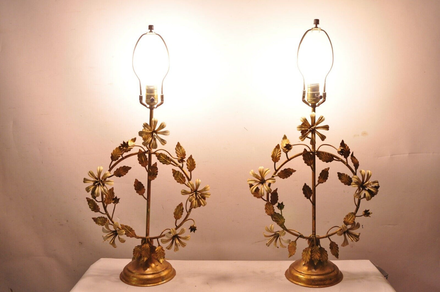 Vintage Italian Hollywood Regency Gold Gilt Iron Tole Metal Table Lamps - a Pair