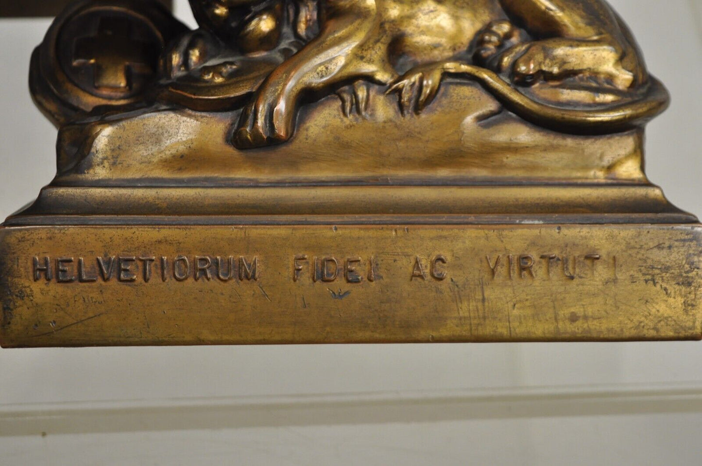 Antique Swiss Guard Bronze Lion Bookends Helvetiorum Fidei AC Virtuti "JB 1570"