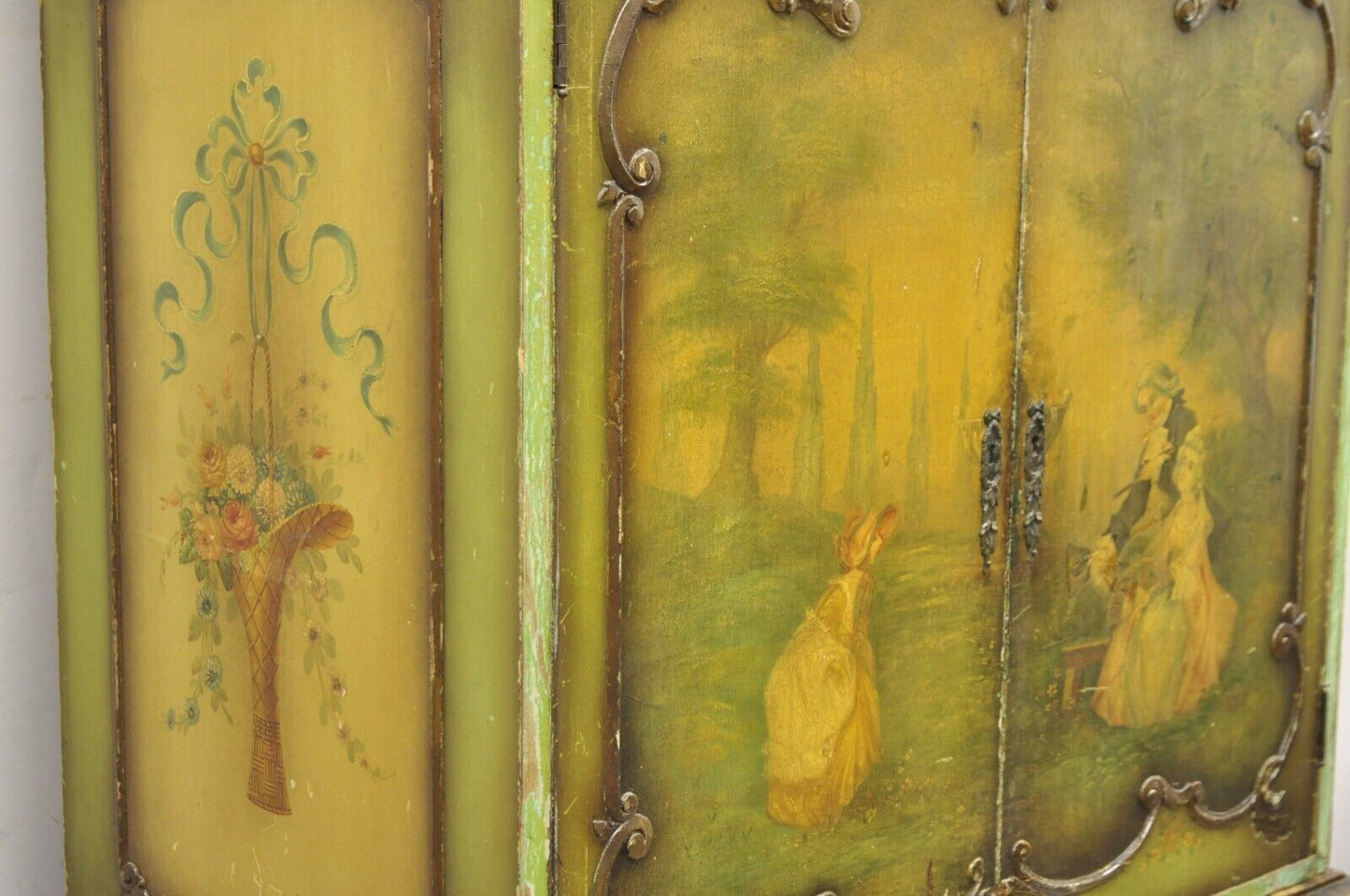 Antique French Renaissance Green Distress Painted Radio Cabinet Bar Cupboard