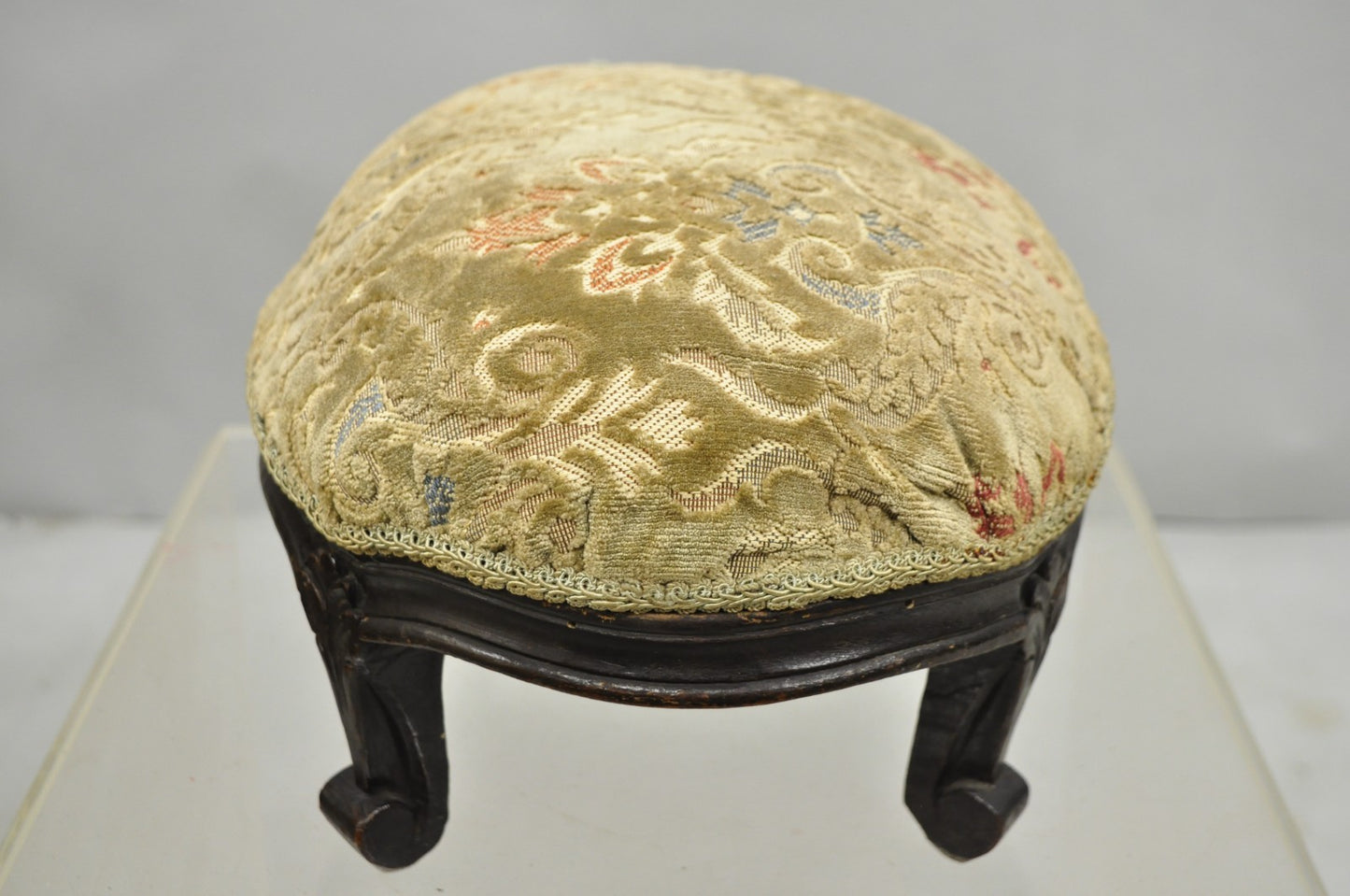 Antique French Country Provincial Oval Carved Walnut Petite Footstool Ottoman