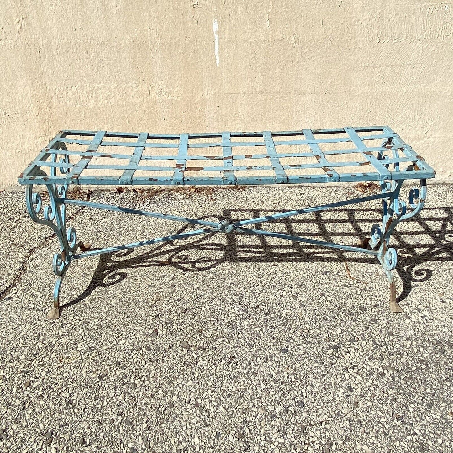 Antique French Art Nouveau Scrolling Wrought Iron Metal Strap Garden Patio Bench