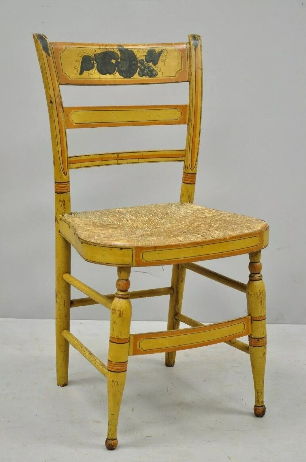 Antique Hitchcock Style Slat Back Rush Seat Yellow Paint Stencil Side Chair (B)