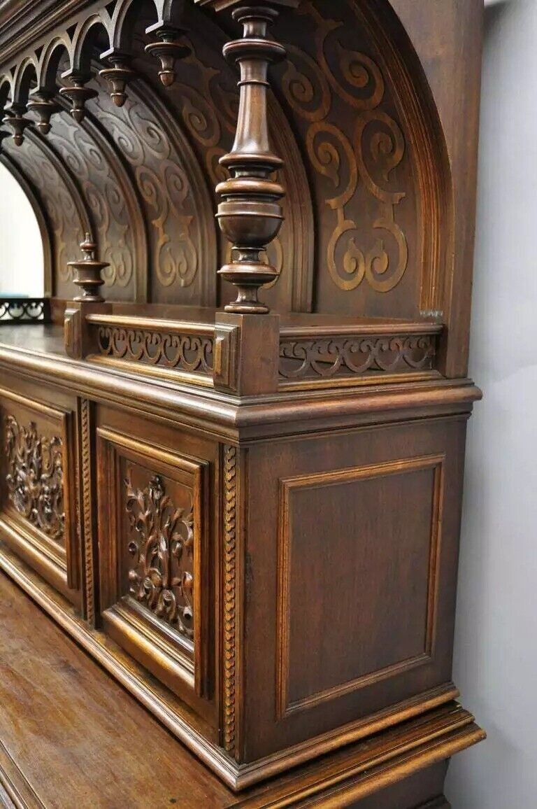 Gothic Renaissance Revival Carved Walnut Dragon Griffin Sideboard Buffet Cabinet