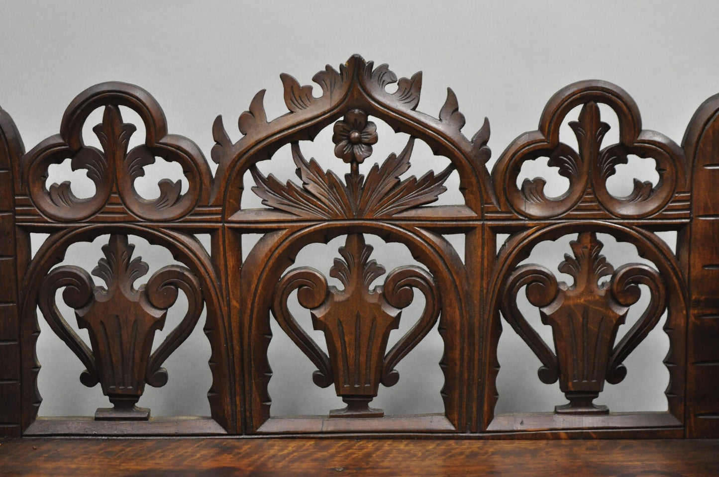 Antique Gothic Arts & Crafts Black Forest Walnut Carved Small Wall Curio Cabinet