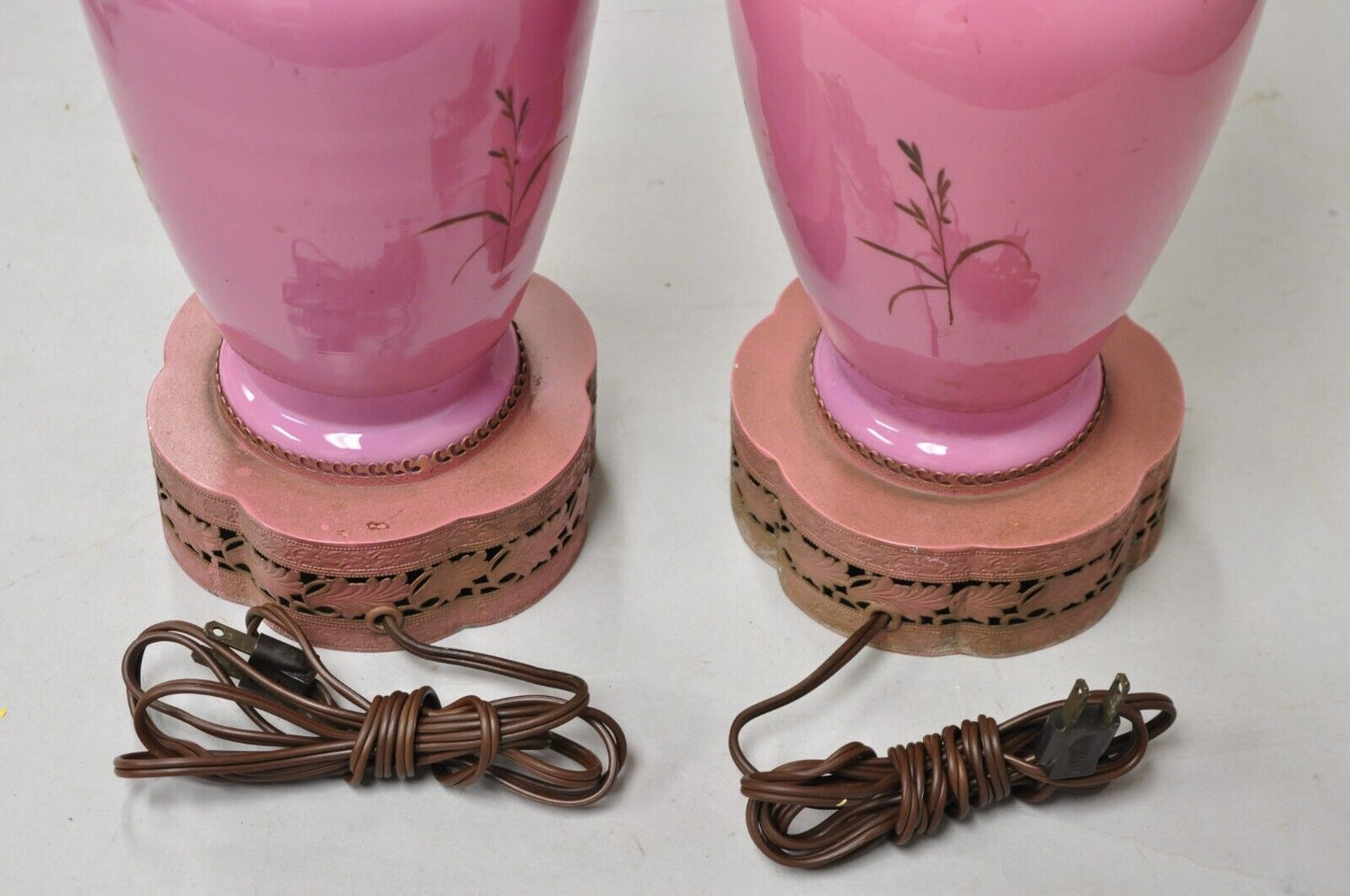 Vintage Chinoiserie Pink Porcelain Japanese Bird Painted Table Lamps - a Pair