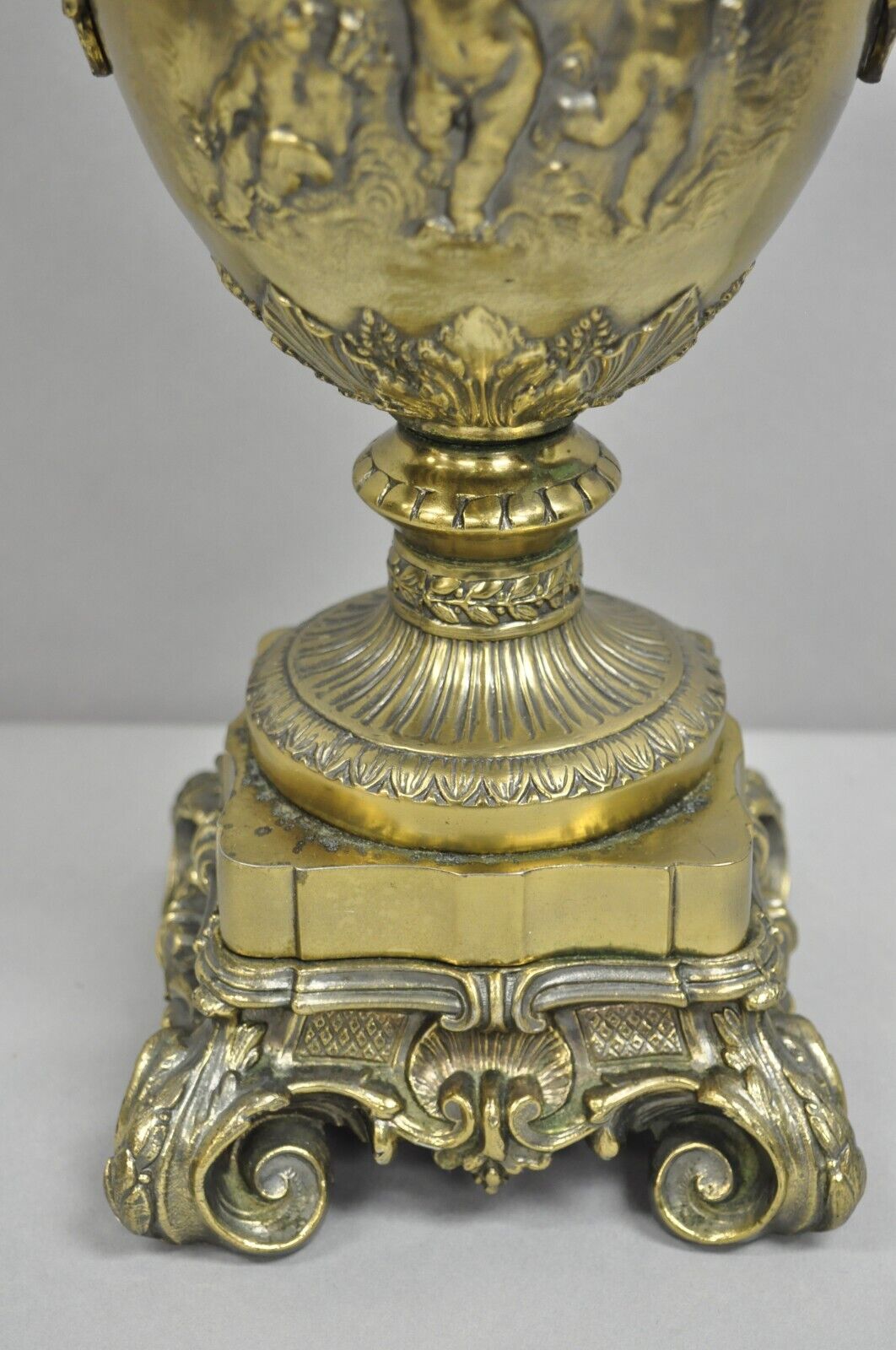Vintage French Louis XV Renaissance Brass Figural Dancing Cherubs Urn Table Lamp