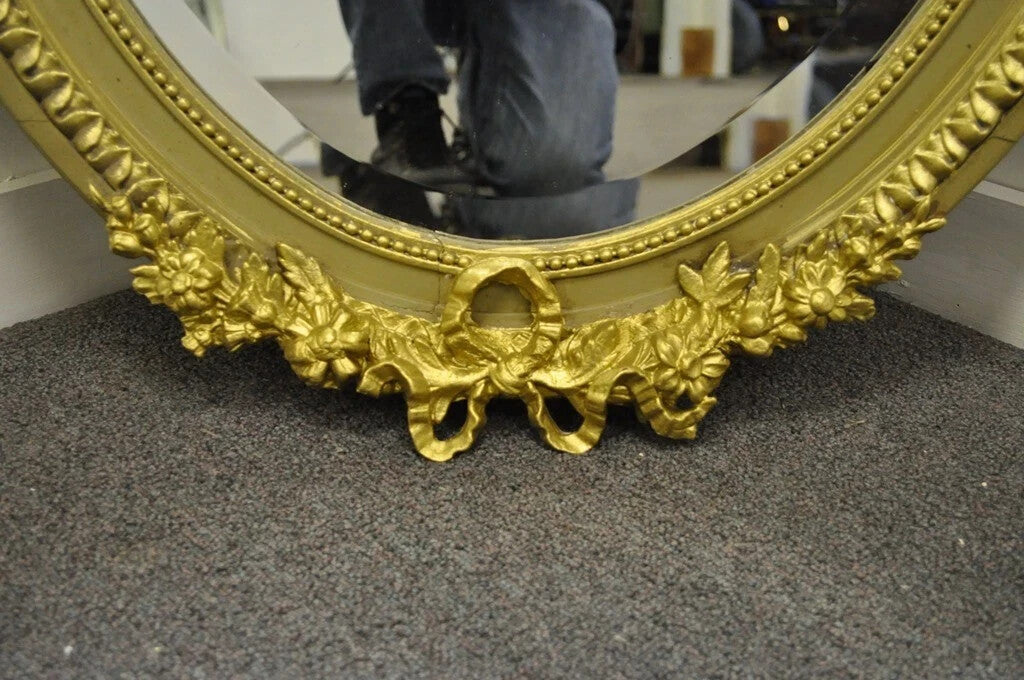 Antique French Louis XVI Style Gold Gilt Torch Flame Gesso Oval Wall Mirror