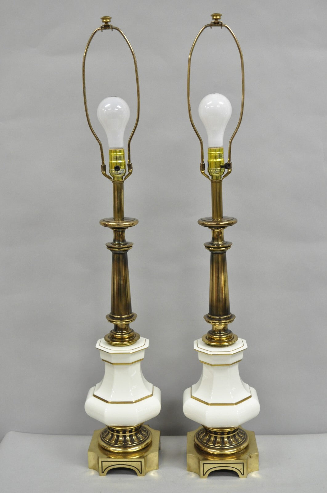Vintage Stiffel Empire Style Burnished Brass & Porcelain Table Lamps (A) - Pair