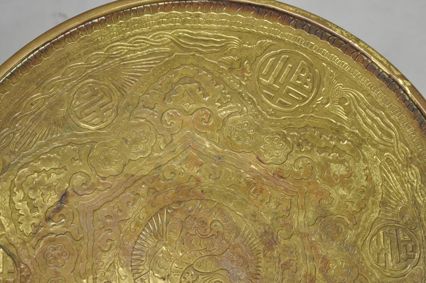 Antique Chinoiserie Oak Barley Twist Chinese Brass Dragon Side Table by Ferguson
