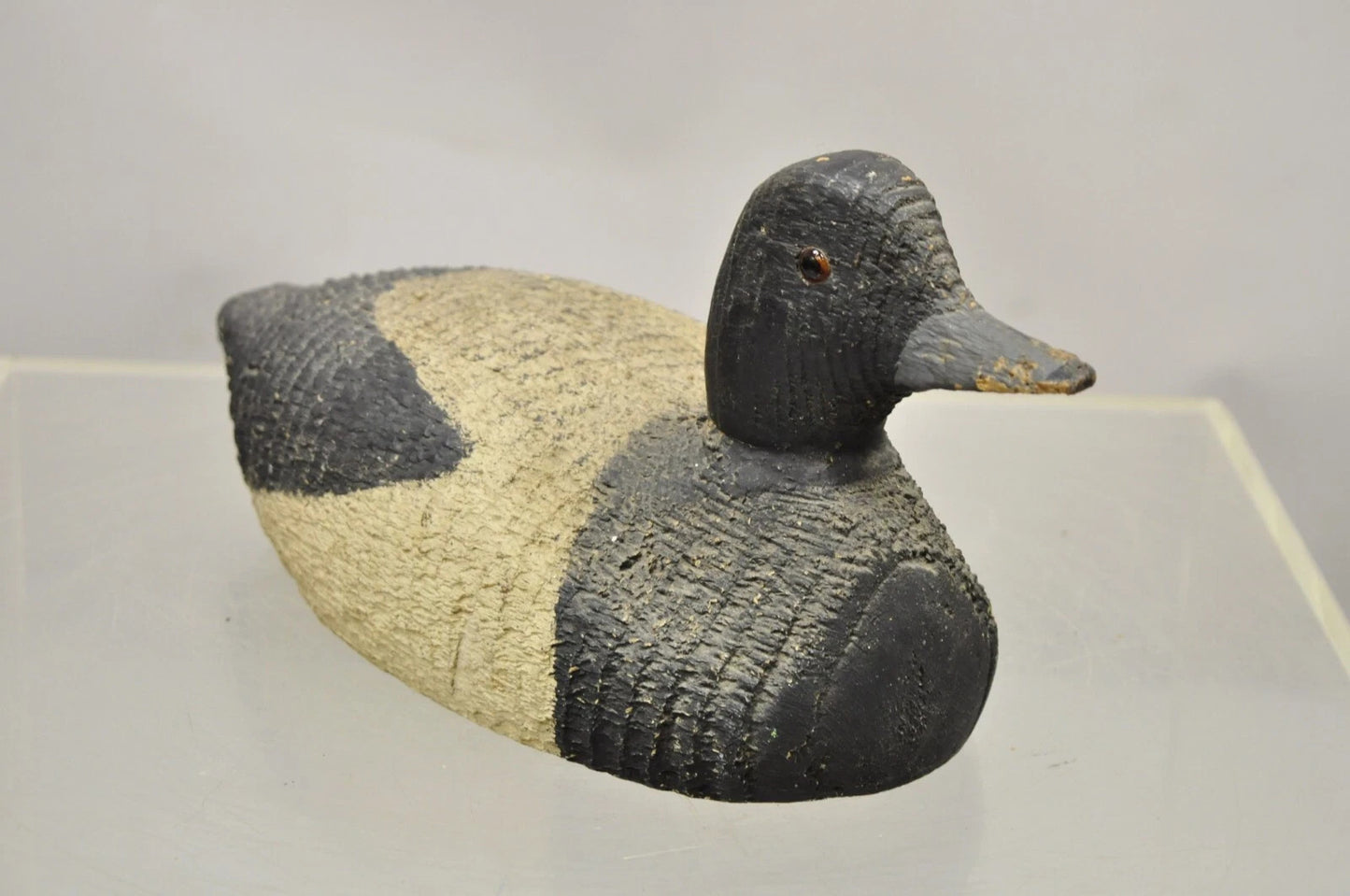 Antique Carved Wood Wooden Black and White 13" Mallard Duck Decoy w/ Glass Eyes