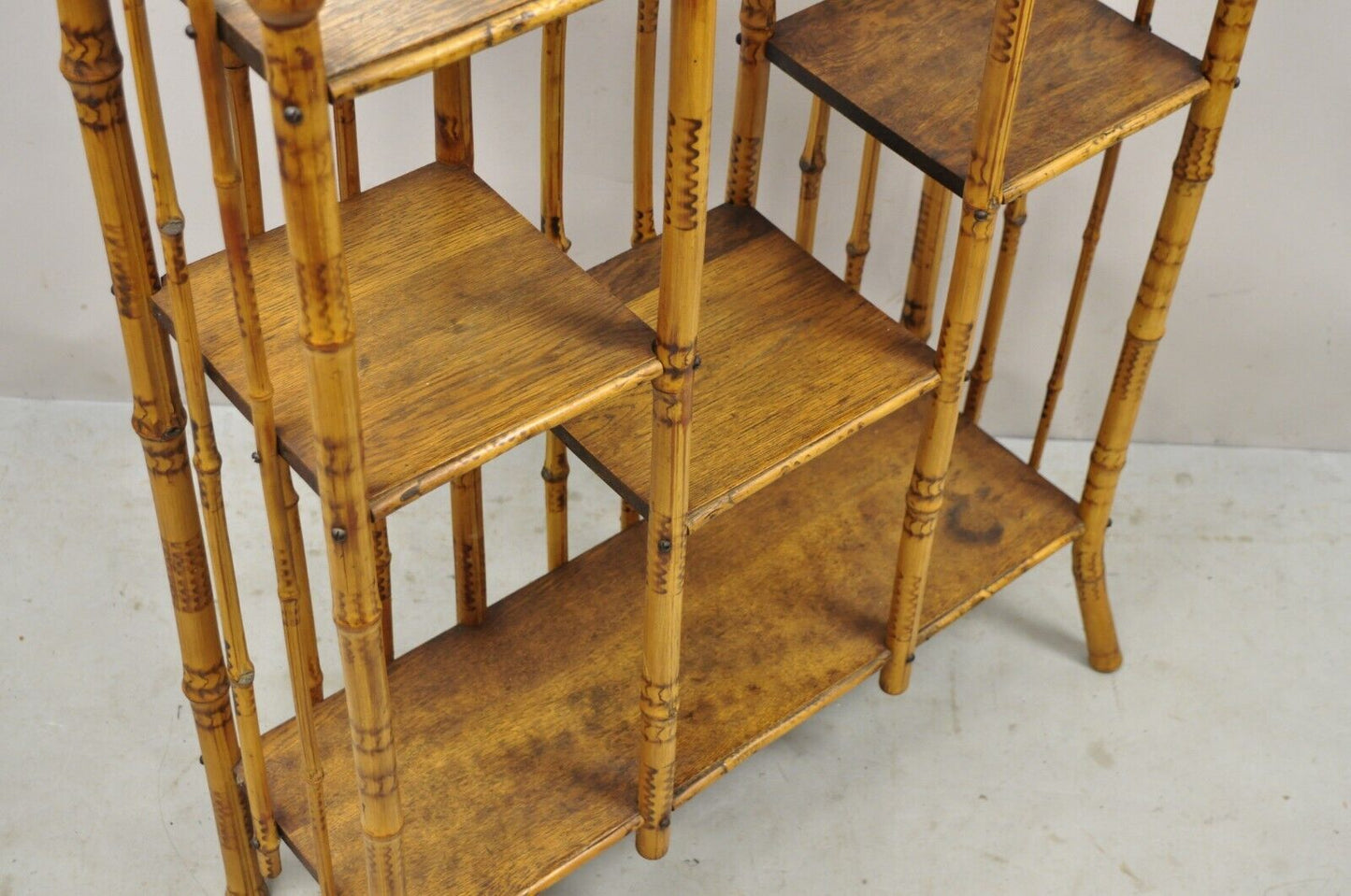 19th C English Victorian Bamboo Stick and Ball Curio Shelf Etagere w/ Mirror