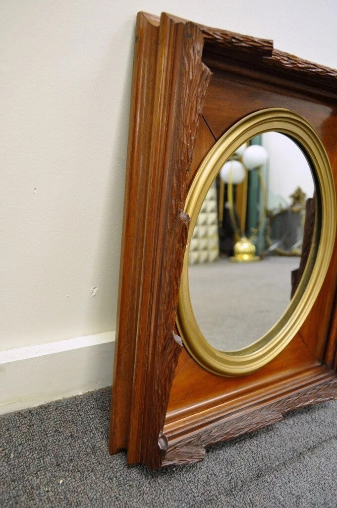 Antique Black Forest Victorian Faux Bois Carved Mahogany Gold Gilt Wall Mirror