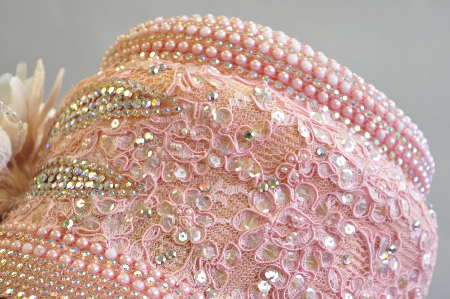 Shellie McDowell Pink Lace Iridescent Pearl Rhinestones Church Derby Crown Hat