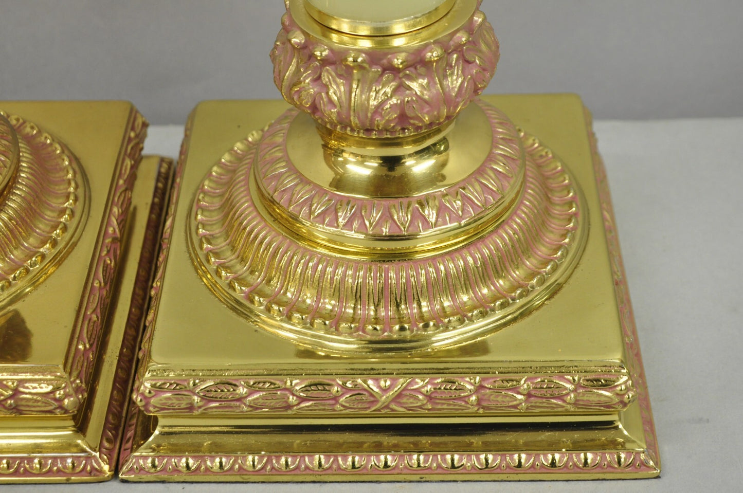 Vintage Hollywood Regency Brass Empire Column Green Pink Gold Table Lamps - Pair