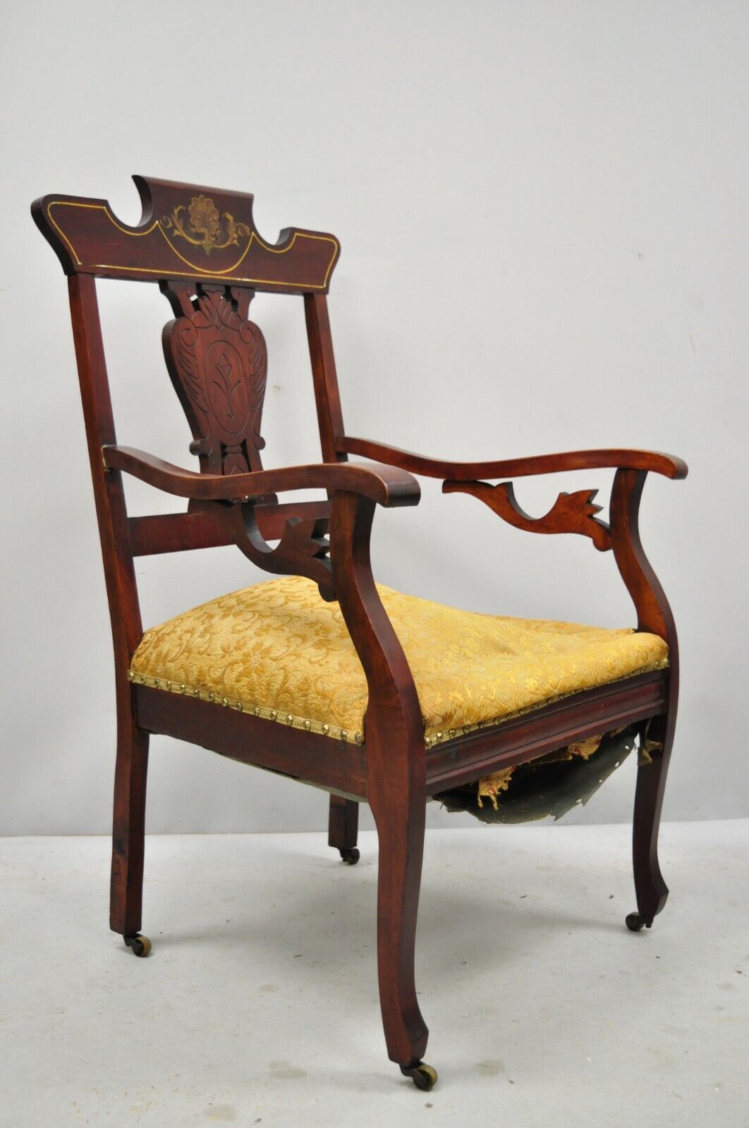 Pair of Antique Eastlake Victorian Mahogany Inlaid Parlor Arm Chairs