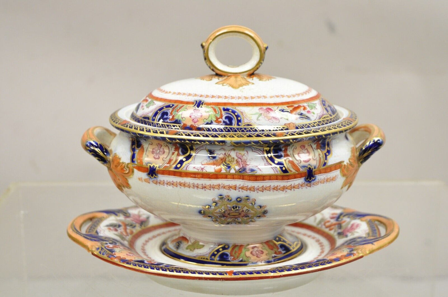 Antique English Ironstone Diamond Patent Covered Sauce Tureen with Underplate