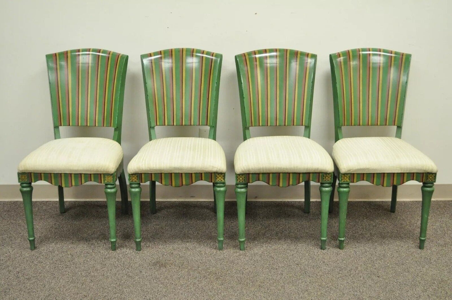 French Country Style Hollywood Regency Green Painted Dining Side Chairs - Set 4