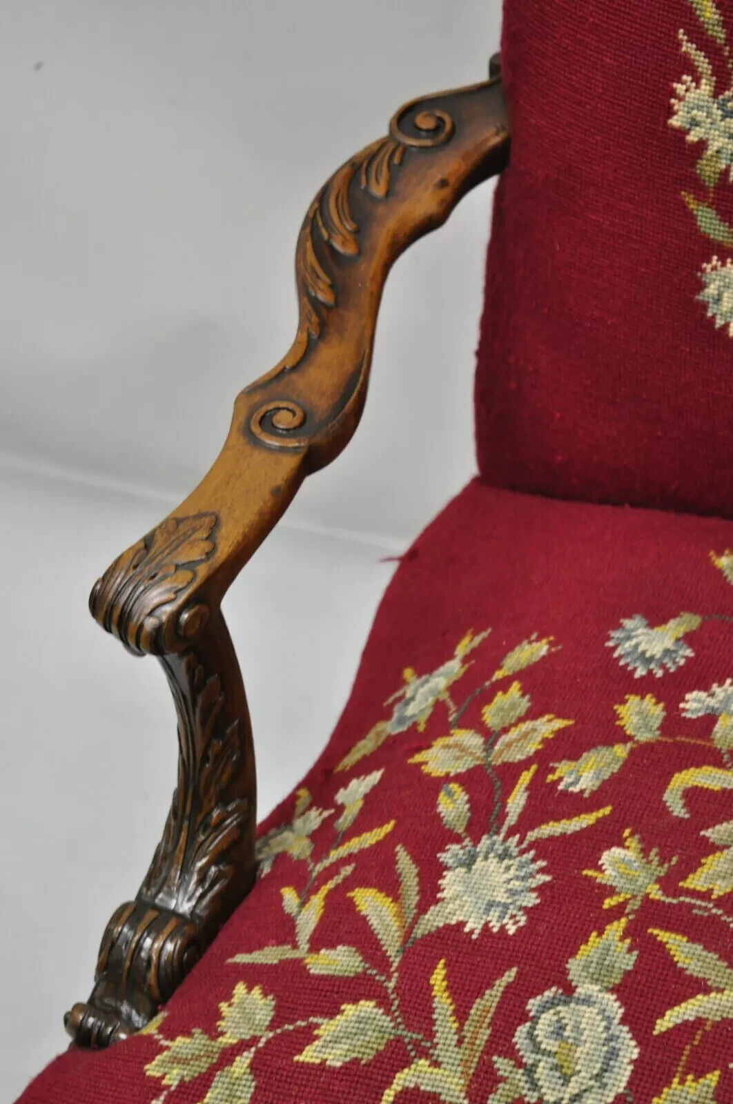 Antique Georgian Floral Needlepoint Carved Mahogany Fireside Lounge Arm Chair