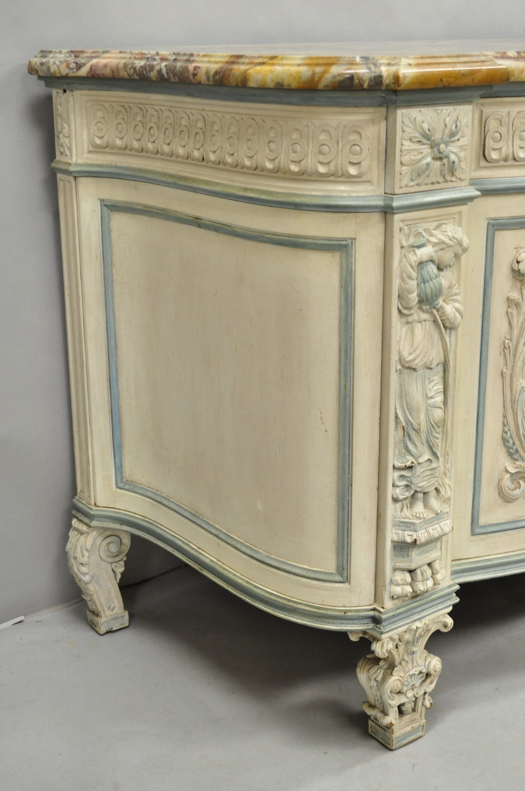 French Renaissance White Blue Painted Figural Carved Marble Top Buffet Commode
