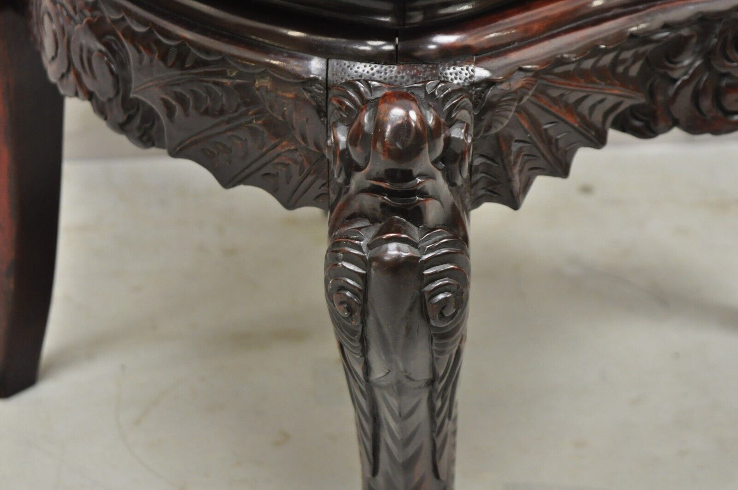 Antique Japanese Export Carved Hardwood Foo Dog Throne Arm Chair