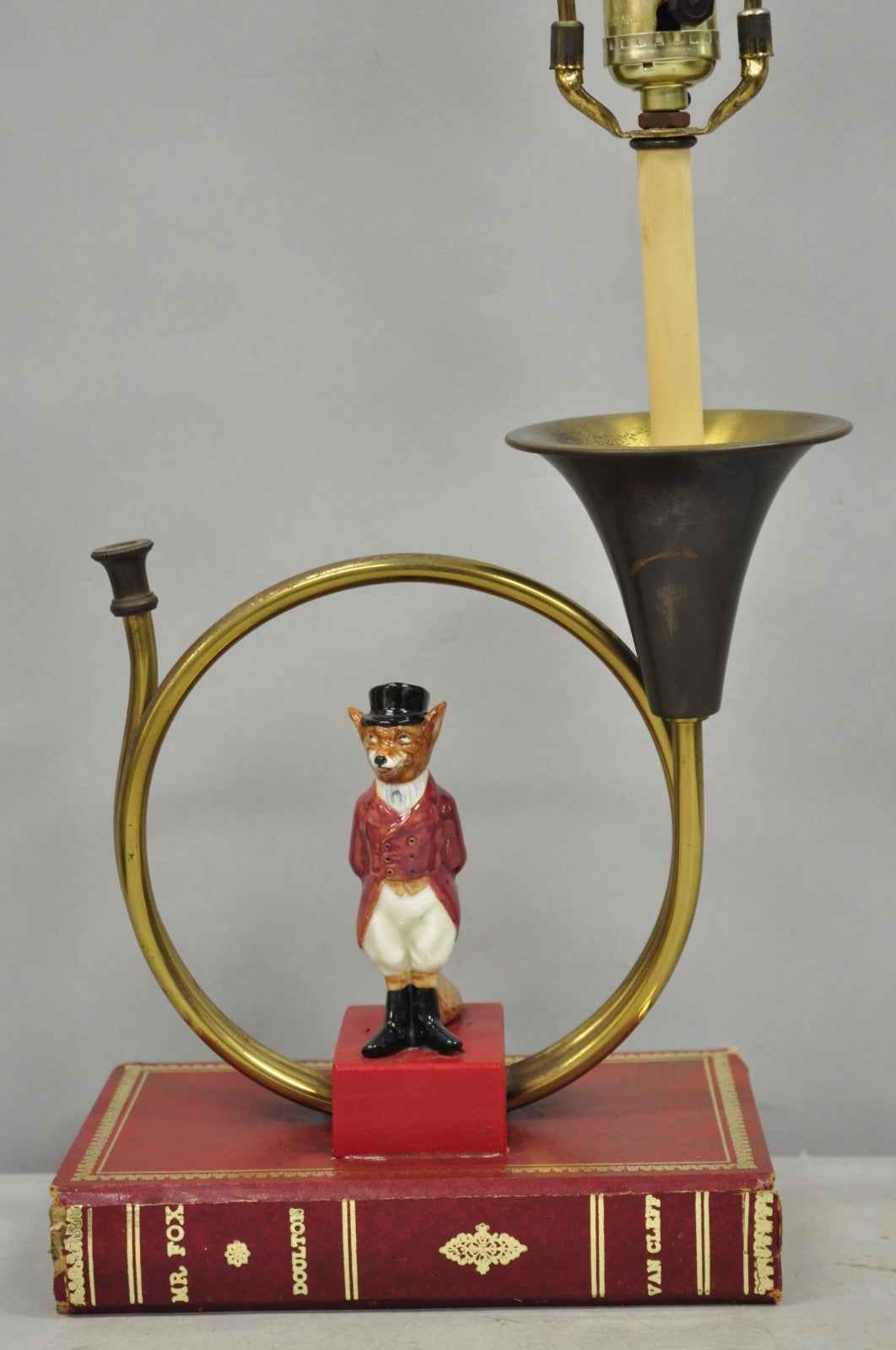 Vintage Equestrian Porcelain Snooty Mr Fox Brass Trumpet on Red Book Table Lamp