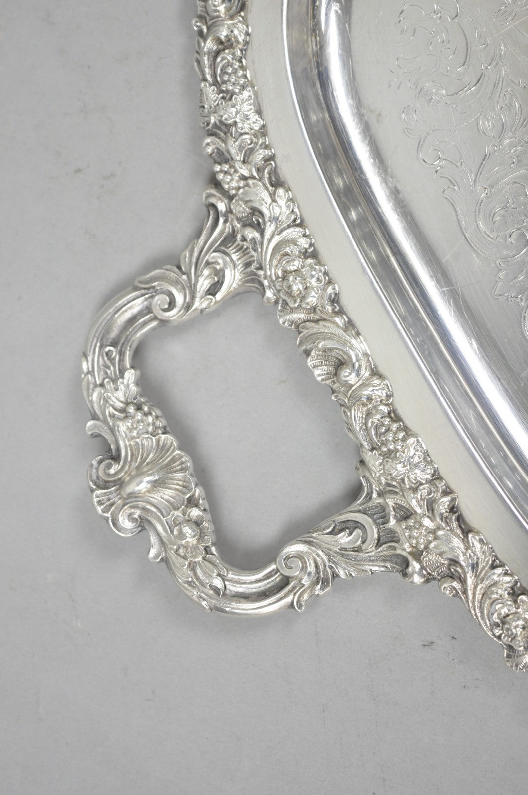 Vintage Gorham YC1466 Silver Plated Floral Repousse Bar Serving Tray w Handles