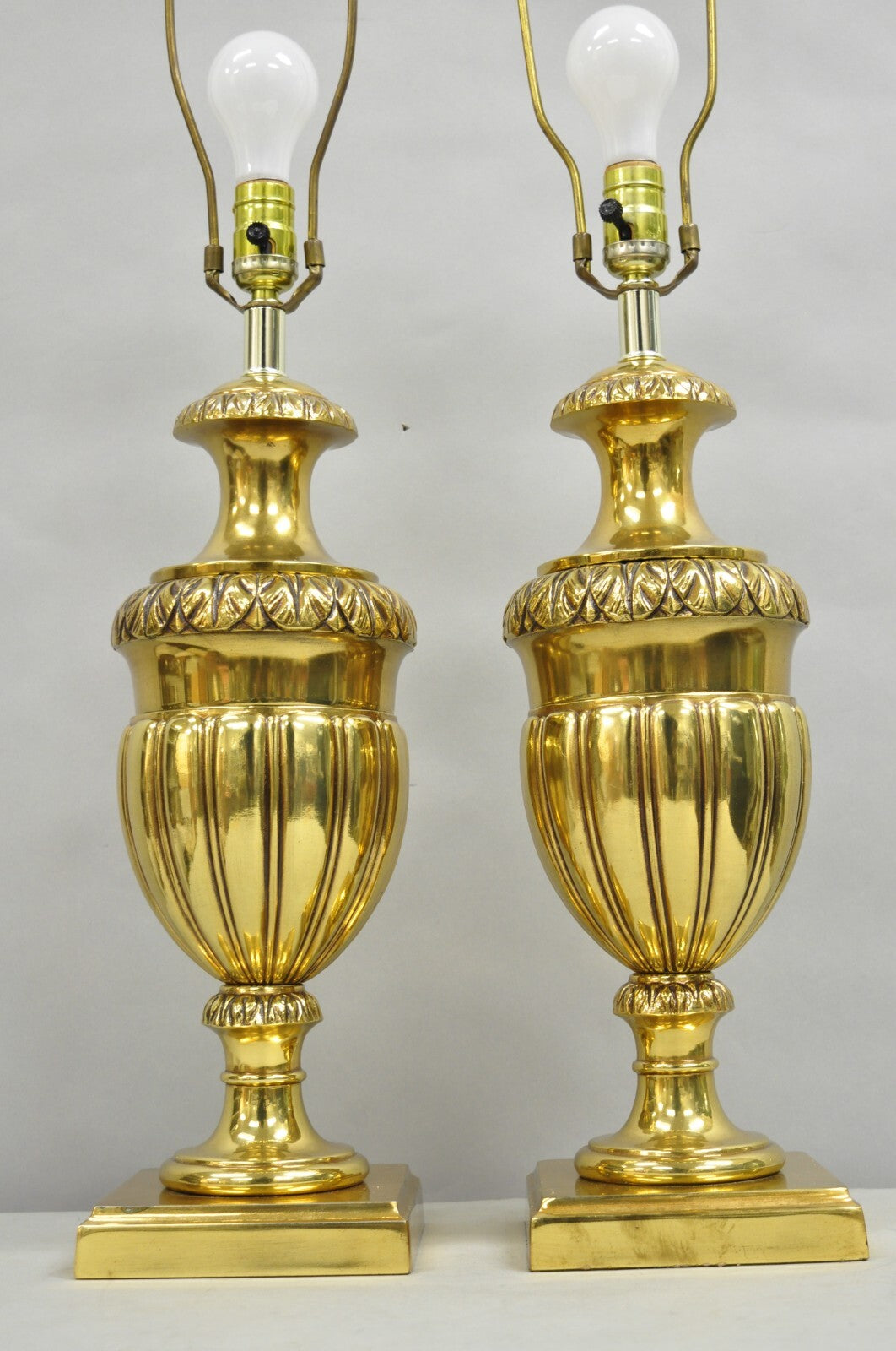 Vintage French Empire Style Gold Brass Metal Urn Form Table Lamps - a Pair