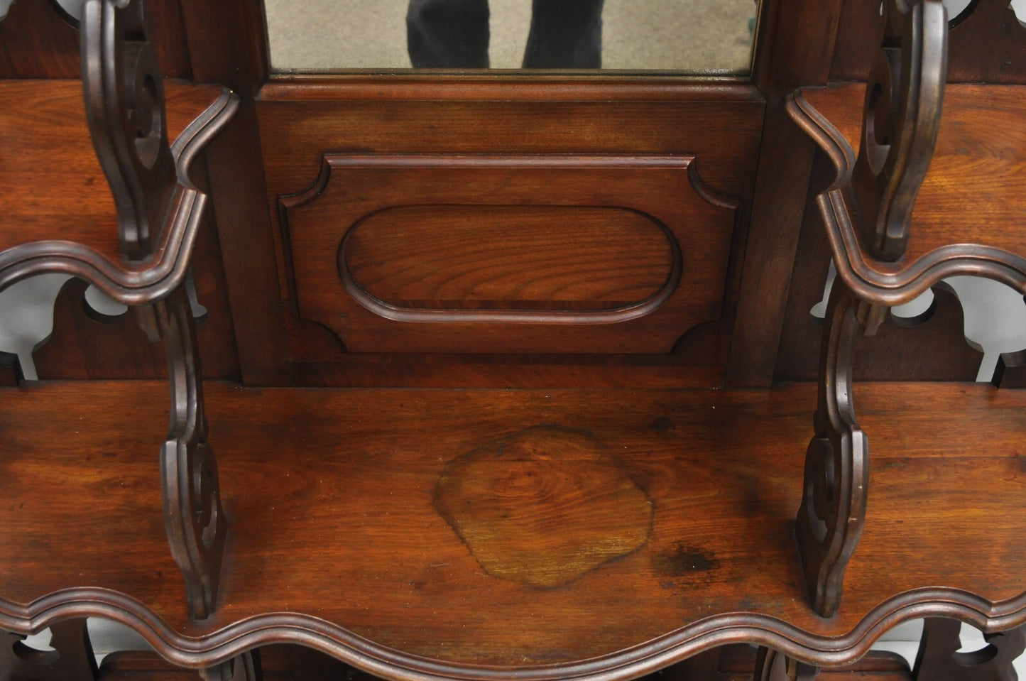 Antique Victorian Rococo Grapevine Carved Walnut Etagere Curio Shelf w/ Mirror