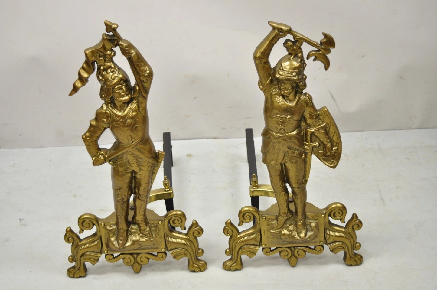Vintage Renaissance Brass Figural Soldier Warrior Fireplace Andirons - a Pair