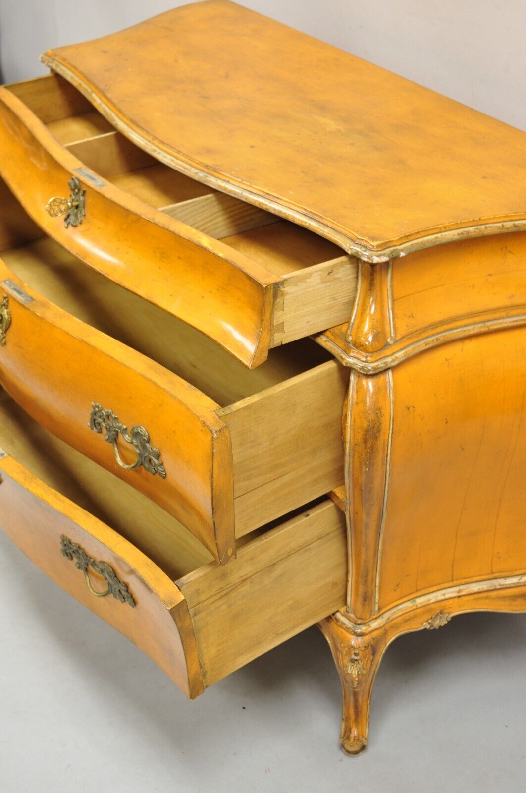Antique Italian Rococo Orange Painted Bombe Commode Chest of Drawers