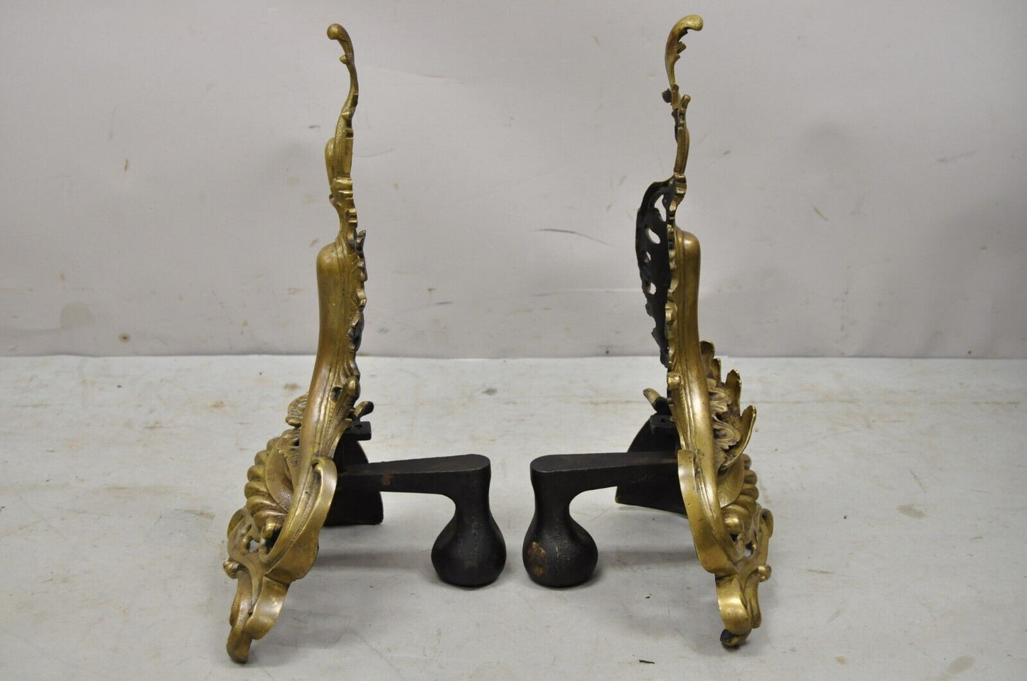 Vintage French Rococo Style Bronze Acanthus Leafy Scroll Andirons - a Pair